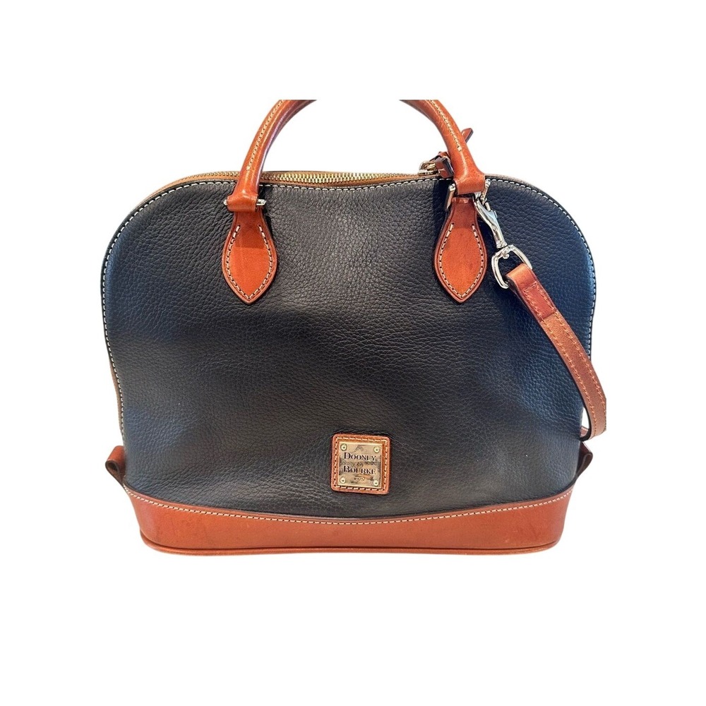 Dooney &‎ Bourke Zip Zip Satchel Black Pebbled Leather Tan Trim Crossbody Bag
